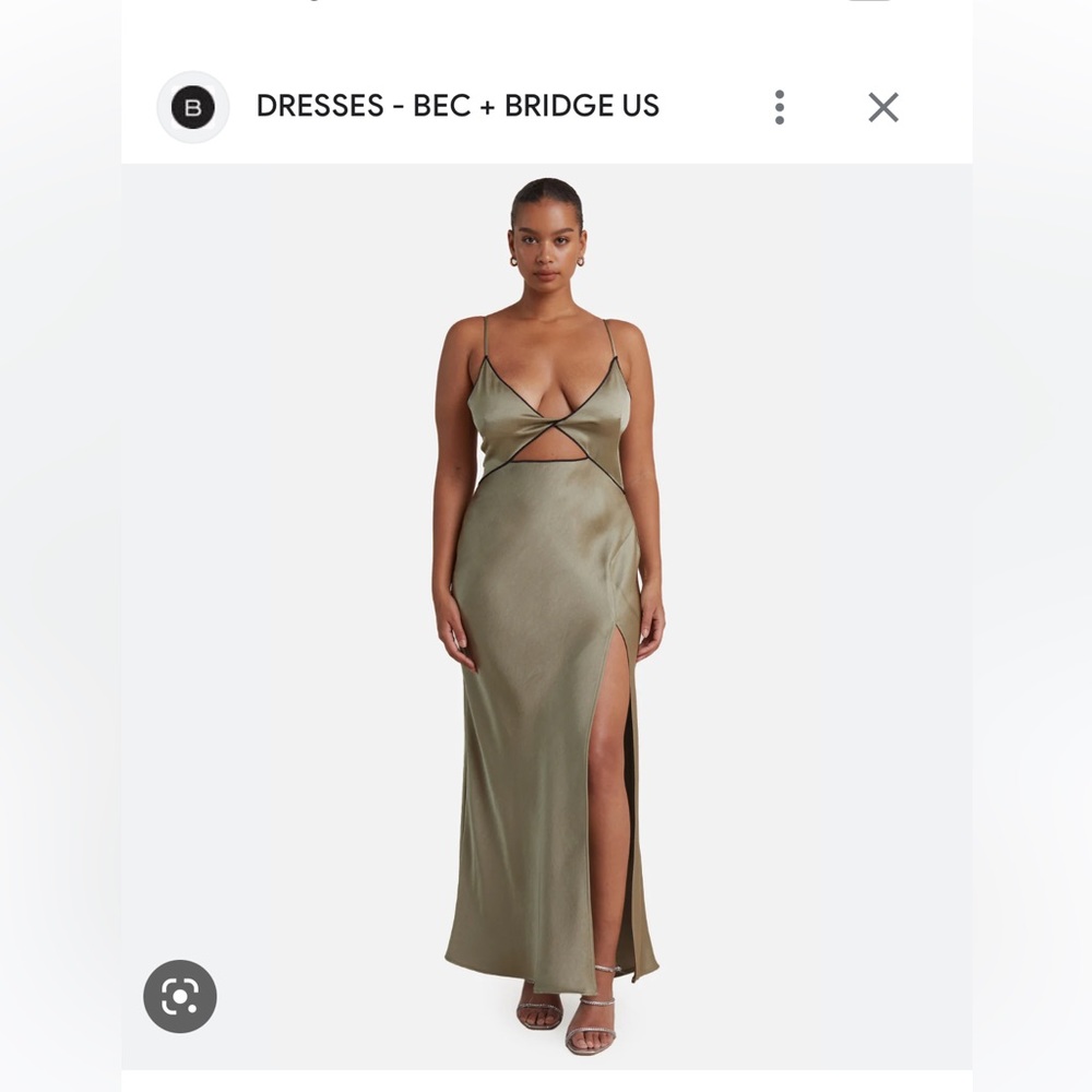 Bec & Bridge silk maxi dress in olive green, backless with slit